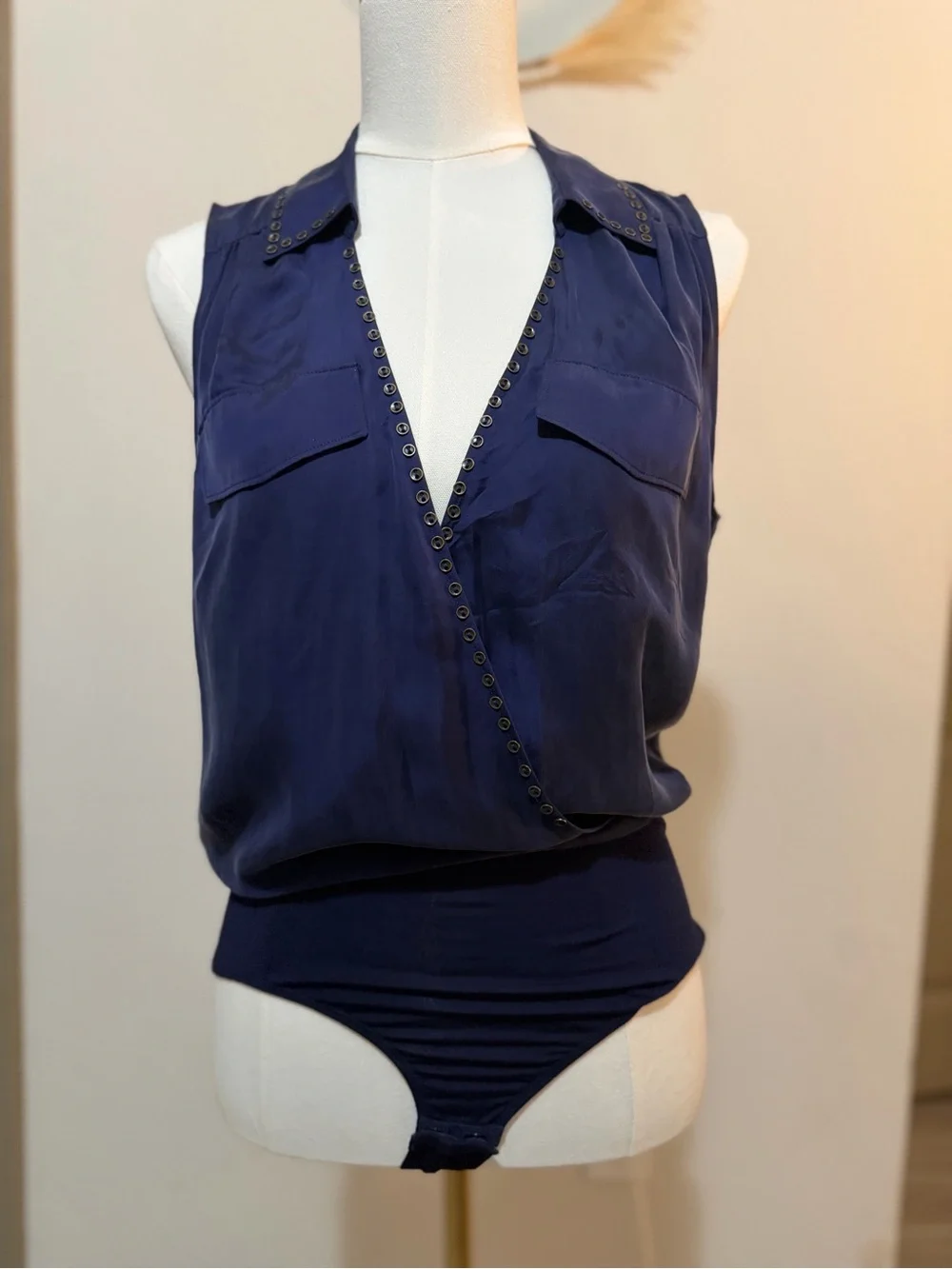 Patrizia Pepe navy silk wrap bodysuit with grommet trim, size IT 42 (US 6-8)